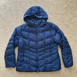 Lands End Jacket Womens XL 18-20 Full Zip Down Fill Puffer Blue Pockets Hooded